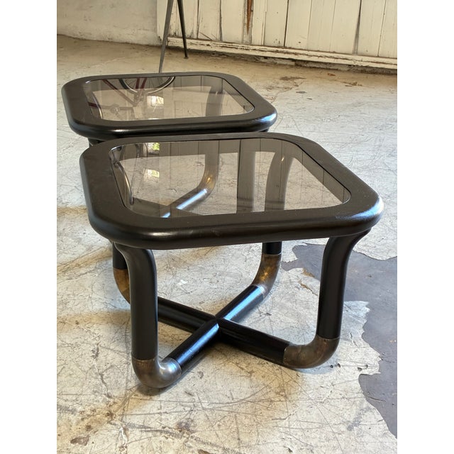 Vintage Bold Black and Brass Side Tables With Smoked Glass - A Pair For Sale - Image 4 of 6