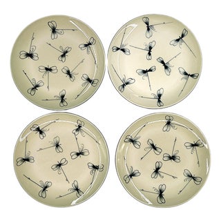 Bat Trang Vietnamese Ceramic Dessert/Salad Plates With Hand Painted Dragonflies and Celadon Green Hues - Set of 4 For Sale