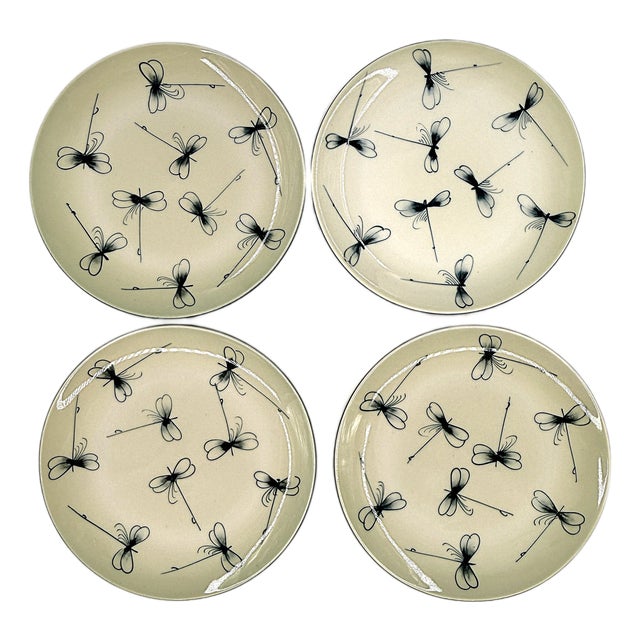 Bat Trang Vietnamese Ceramic Dessert/Salad Plates With Hand Painted Dragonflies and Celadon Green Hues - Set of 4 For Sale