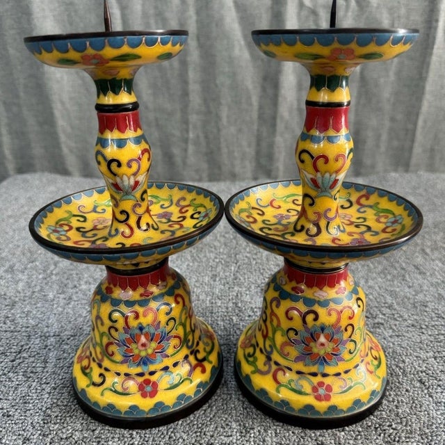 Art Deco Pair of Tall Vintage Yellow Cloisonné Enamel Altar Candlesticks For Sale - Image 3 of 6