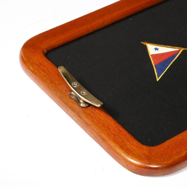 1940s Art Deco Maritime Walnut Serving Tray With Embroidered Flag & Brass Detailing For Sale - Image 4 of 10