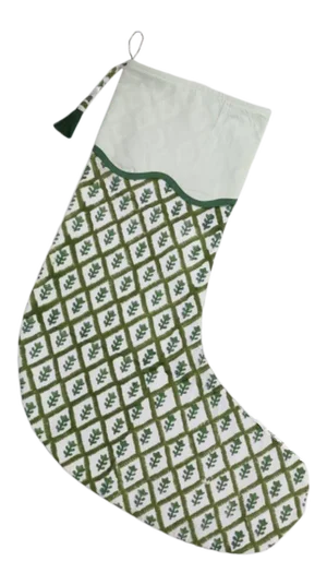 Handmade Green Botanical Christmas Stocking with Green Piping