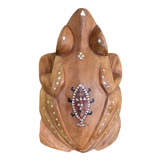 1970s Hand-Carved Wooden Frog Wall Plaque With Inlay and Tribal Motif Design For Sale