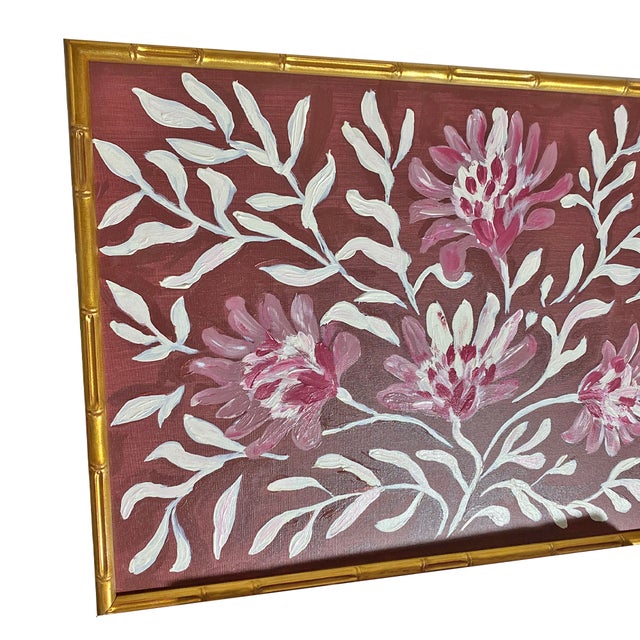 Chinoiserie Original Floral Painting — Acrylic on Canvas Board, Framed 18.75×24.75 in Gilded Bamboo Frame, Botanical Wall Art by Tatiana Duperault For Sale - Image 3 of 5