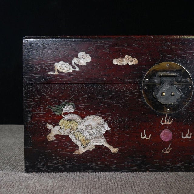 Brown Zitan Wood Box Inlaid With Mother-of-Pearl Lion Motif For Sale - Image 8 of 9