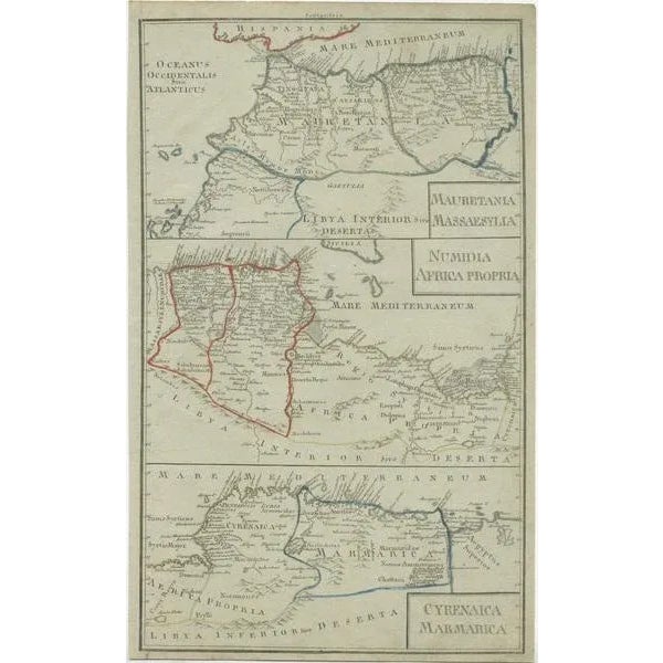Three maps on one sheet showing Mauritania, Massaesylia, Numidia, Tunisia, Cyrenaica and Marmarica (ancient Libya). This...