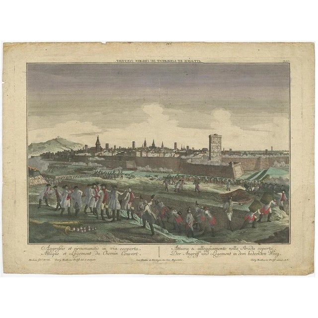 Antique print Barcelona titled 'Aggressio et Circumunitio in via cooperta'. Optical view depicting the siege of Barcelona...