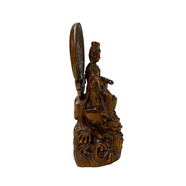 7" Bodhisattva Statue W Calligraphy Halo & Lotus Base Wood Statue For Sale - Image 4 of 10