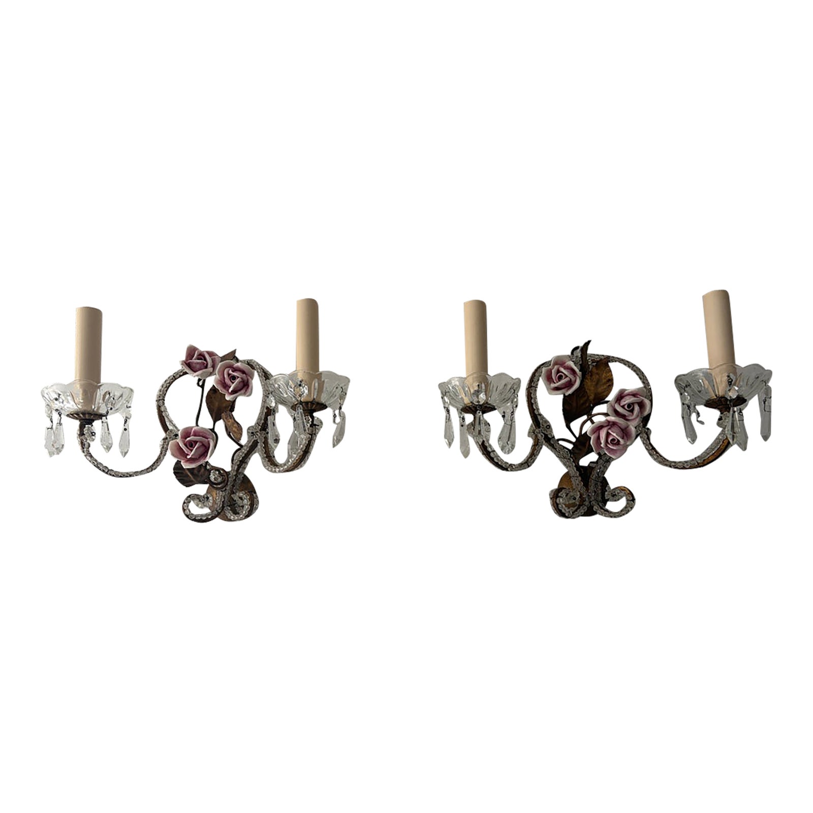 French Beaded Old Vintage Pink Porcelain Roses Flowers Sconces Italian ...