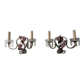 French Beaded Old Vintage Pink Porcelain Roses Flowers Sconces Italian, C 1940 For Sale