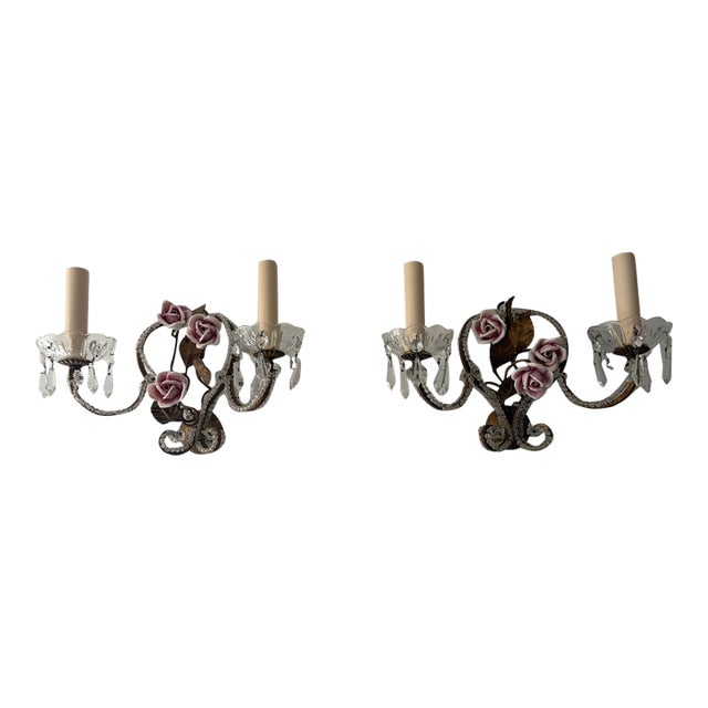 French Beaded Old Vintage Pink Porcelain Roses Flowers Sconces Italian, C 1940 For Sale