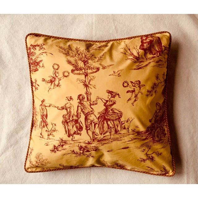 Yellow Toile De Jouy Throw Pillow Cover,"Printemps" Pattern, Red and Gold, 20-Inch Square For Sale - Image 8 of 11