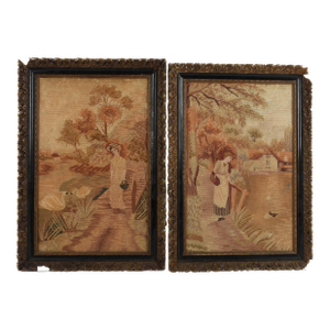 Antique Framed Woven Textile Art- Set of 2