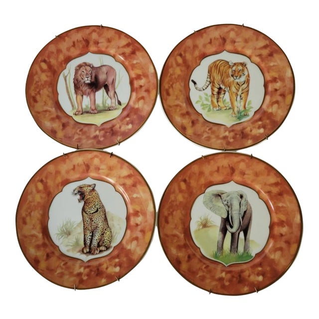 Godinger Limoges 7.5 Salad Plates Tiger Elephant Lion Leopard - Set of 4 For Sale