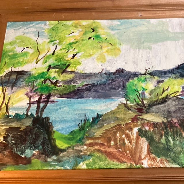 Original approx 12 x 16 painting on artist board possible signed bottom right? Overall size with vintage oak frame is 15 x 19