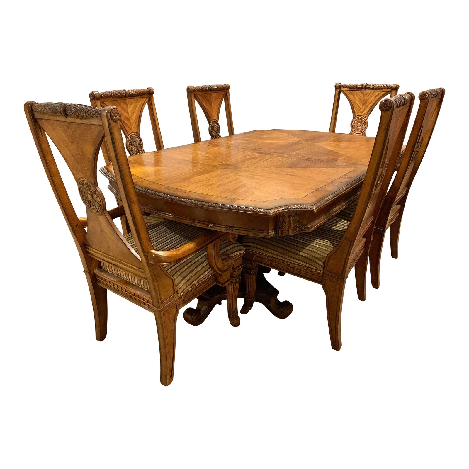 20th Century Wood Carved and Inlay Dining Room Table & 6 Chairs Chairish