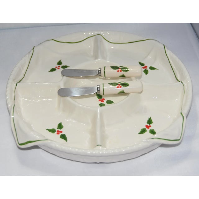 Shabby Chic 1980s Shafford Christmas Holly Serving Dish Divided Tray & Spreaders For Sale - Image 3 of 9