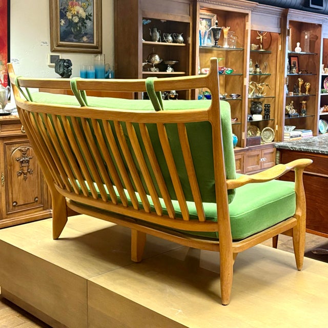 Green Mid Century Oak Settee by Guillerme Et Chambron With Mohair Velvet, France 1950s For Sale - Image 8 of 9