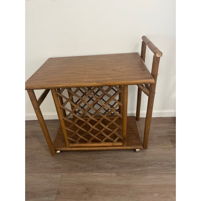 Wood McGuire Style Vintage 1970s Hollywood Regency-Style Faux Bamboo and Rattan Rolling Bar Cart For Sale - Image 7 of 12