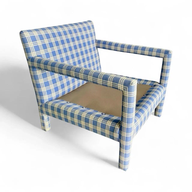Vintage Parsons Lounge Chair With Custom Blue Plaid Upholstery | Milo Baughman Style For Sale In Naples, FL - Image 6 of 12