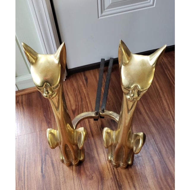 1950s Mid Century Modern Brass Siamese Cat Fireplace Andirons a Pair