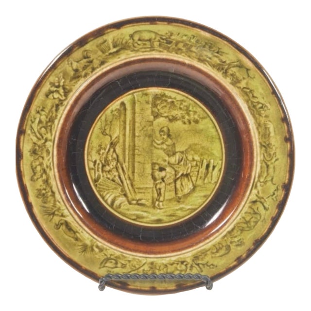 19th-Century French Choisy-Le-Roi Majolica Plate — Pastoral Scene by H. Boulenger & Cie For Sale
