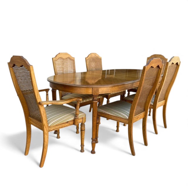 Wood Oak and Cane Dining Set With Oval Extending Table and Six Chairs For Sale - Image 7 of 7