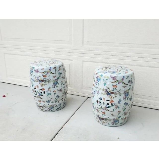 Pair of 20th Century Chinoiserie Famille Rose Floral and Fauna Porcelain Barrel-Form Garden Stools/Seats For Sale - Image 4 of 12