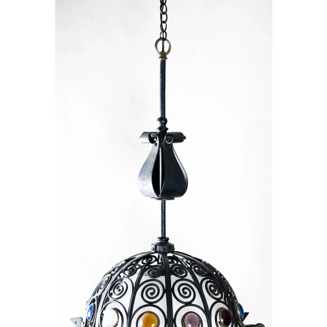 Mid 20th Century Wrought Iron and Colored Glass Jeweled Chandelier For Sale - Image 4 of 7