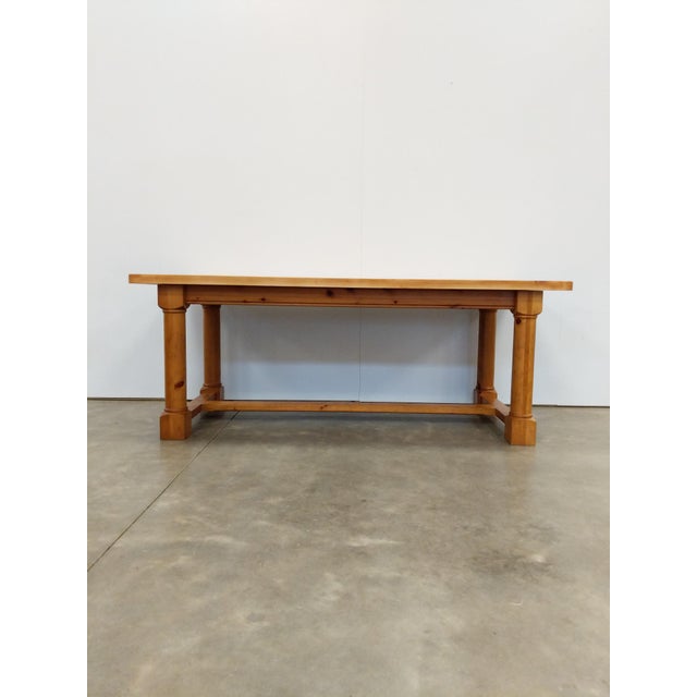 Authentic vintage large farmhouse style dining table. Solid pine wood. This piece is in very good overall condition with...