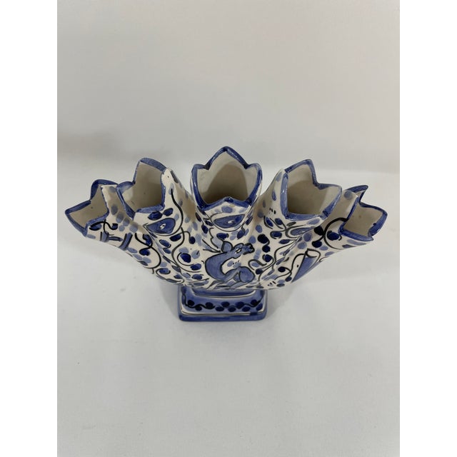 Blue Mid 20th Century Blue and White Majolica Tulip Vase, Tulipiere For Sale - Image 8 of 13