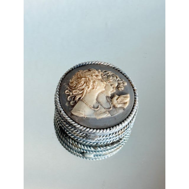 Metal Vintage Neo Classical/Victorian Revival Estée Lauder Blue Cameo Twin Sisters Solid Perfume Compact For Sale - Image 7 of 16