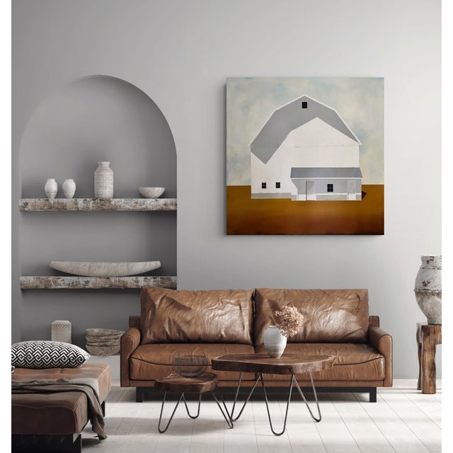 Frontier by Justin Wheatley | Acrylic on Canvas White Barn on Ochre Ground For Sale In Denver - Image 6 of 9