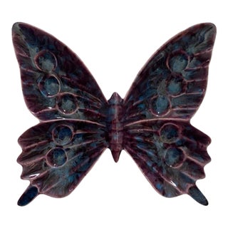1969 Ceramic Butterfly Catchall, in Purple and Blue Tones, Signed and Dated For Sale