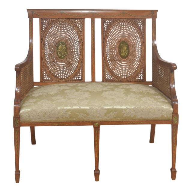 Painted Satinwood and Caned Settee, 1890s For Sale