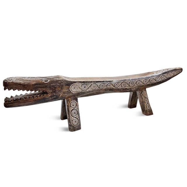 Tribal Carved Wood Crocodile Log Bench For Sale - Image 3 of 5