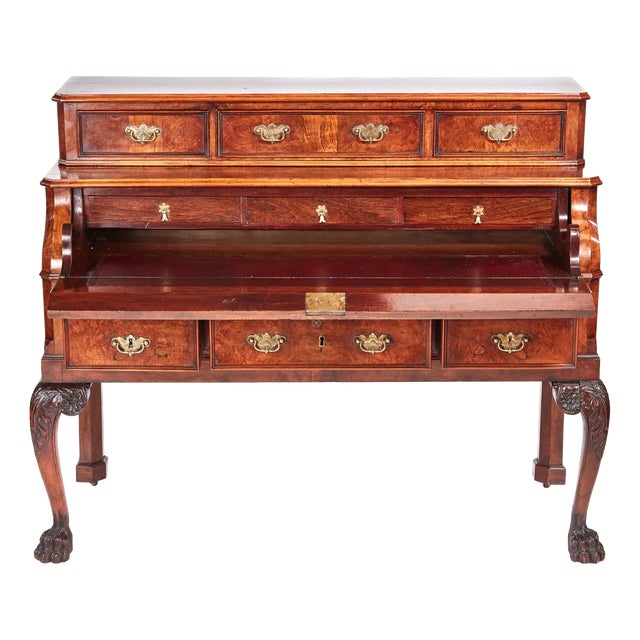 Antique Victorian Burr Walnut Bureau with Carved Paw Feet, 1860 For Sale