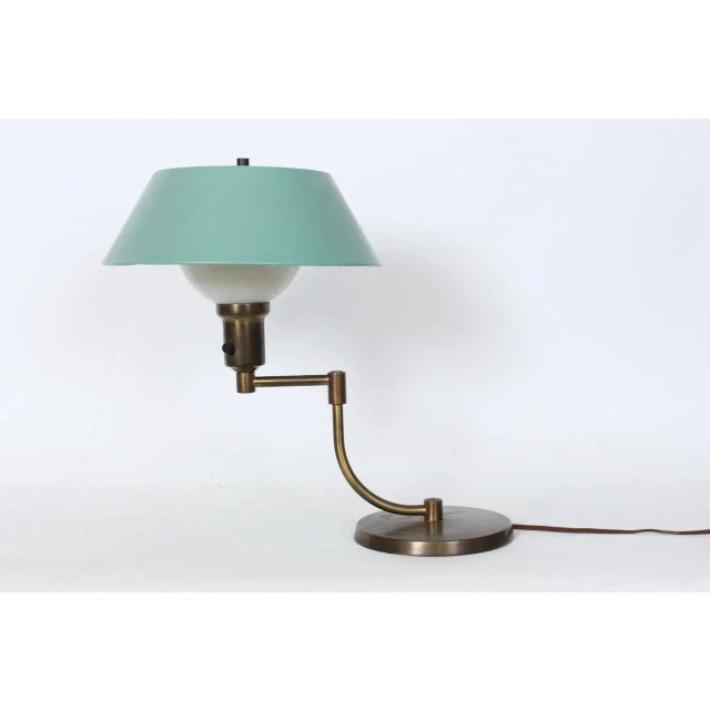 Modern Walter Von Nessen Style Brass Swing Arm Desk Lamp with Pale Green Shade, 1940's For Sale - Image 3 of 12
