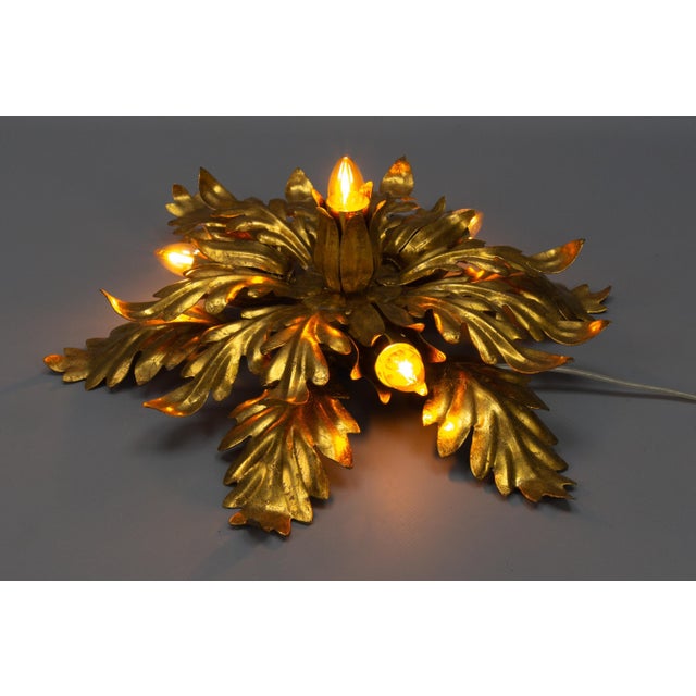 Gold Gilt Metal Leafed Sunburst-Shaped Four-Light Flush Mount, 1970s For Sale - Image 8 of 18