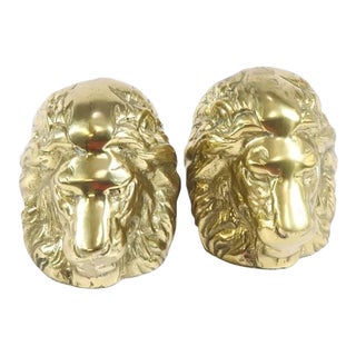 Large Vintage 1970s Solid Brass Lion Bookends - a Pair For Sale