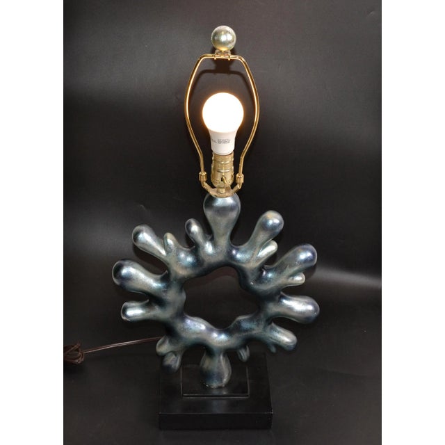 Vintage Ice Blue Resin Biomorphic Shape Abstract Art Table Lamp & Oval Shade 70s For Sale - Image 4 of 13