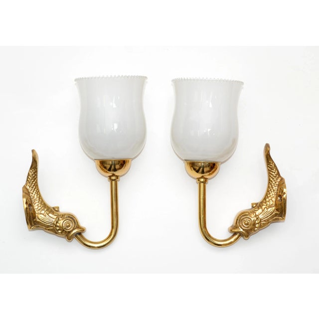 1950s Maison Lancel Brass Dolphin Sconces Ruffled Opaline Glass Shade France 1950-Pair For Sale - Image 5 of 13