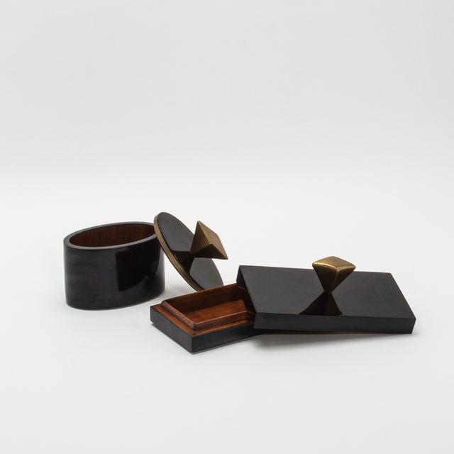 Metal Set of 2 Boxes in Black Shell With Bronze Patina Brass Knob by Kifu Paris For Sale - Image 7 of 12