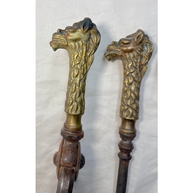 Figurative Set of 3 Antique 1800s Brass Steel Figural Dragon Fireplace Tools Poker Tong For Sale - Image 3 of 15