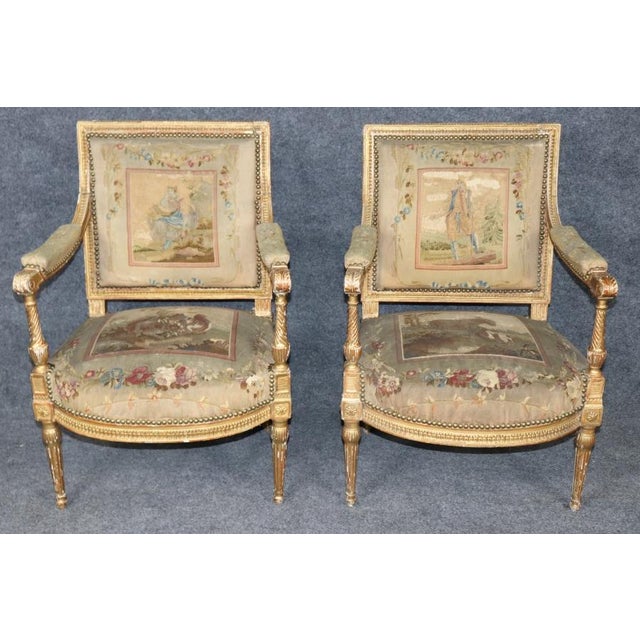 Late 19th Century Pair 19th Century French Louis XVI Giltwood Aubusson Armchairs For Sale - Image 5 of 14