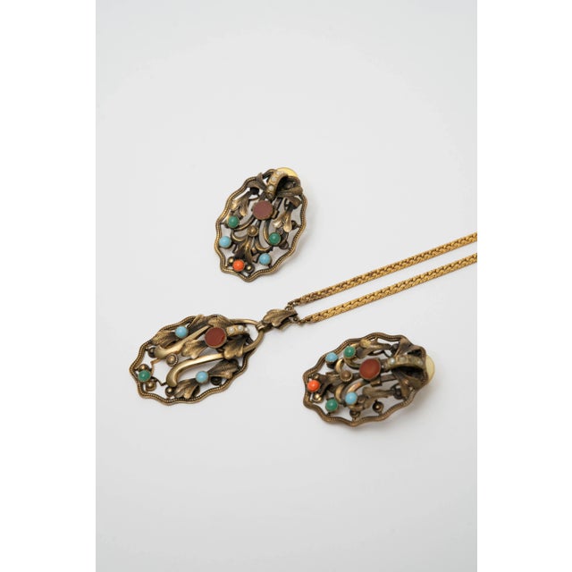 Vintage Art Nouveau Pendant Necklace and Earring Set With Semi Precious Stones For Sale - Image 4 of 8