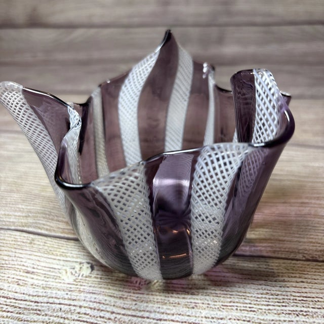Mid-Century Modern Vintage Murano Style Latticino Amethyst Purple White Art Glass Handkerchief Vase For Sale - Image 3 of 7
