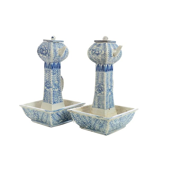 19th century antique Chinese Blue & White square Porcelain Tea Pots -Pair size 6 x 10" A beautiful piece that will add to...