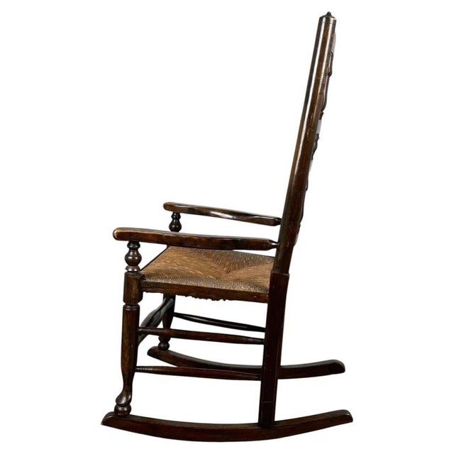 Antique Oak Spindle Back Rocking Chair with Rush Seat, 1900s For Sale - Image 9 of 11