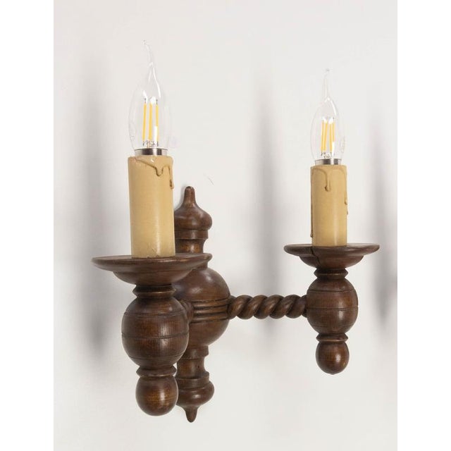 Spanish Style Double Wall Sconces in Turned Beech, France, 1940s, Set of 2 For Sale - Image 4 of 9